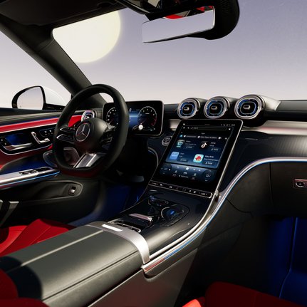 Innenansicht des Mercedes-Benz CLE Cabriolet mit Infotainmentsystem MBUX